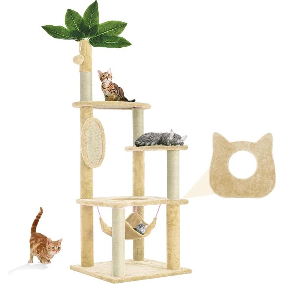 New 61in Cat Tree Tower with DIY Leaves, Hammock, Scratch Board